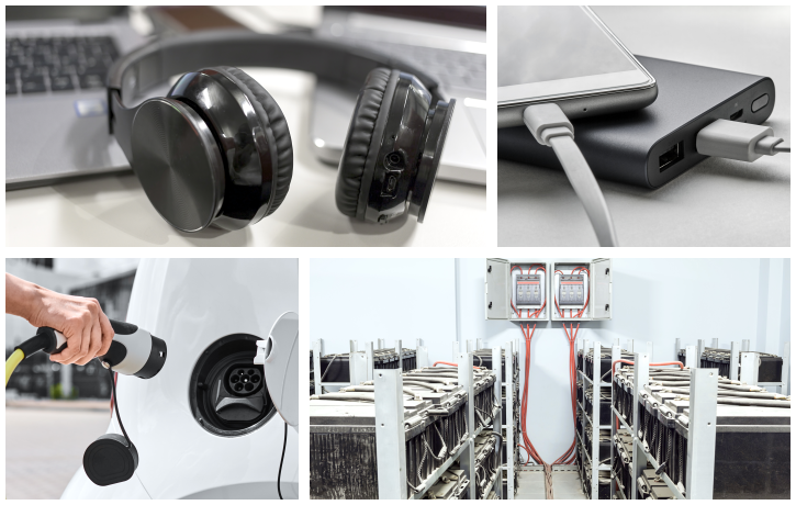 Examples of energy storage systems: an electric vehicle, a smartphone, headphones, and an industrial BESS.