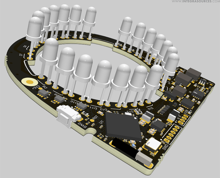The control board equipped with electronic components and LEDs.