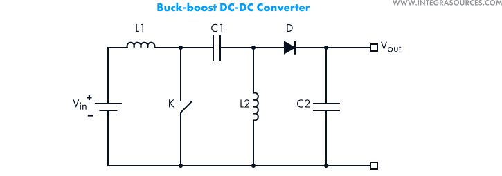 A schematic of a buck-boost (universal) DC-to-DC converter.