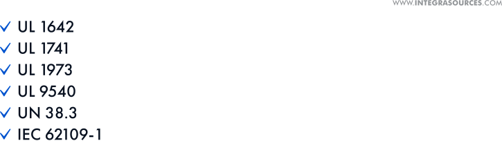 A list of safety and environmental protection standards and certifications.