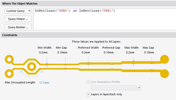 The Altium Designer screenshot depicts the process of defining aligning rules and limitations for the interfaces.