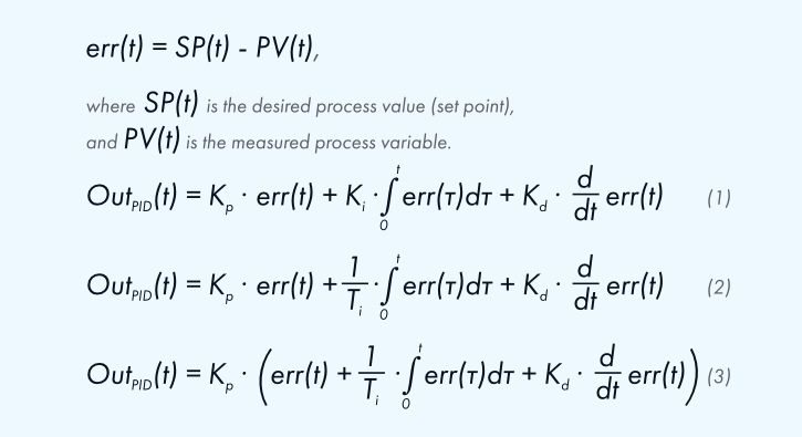 The formulae of three different mathematical representations of the PID controller.
