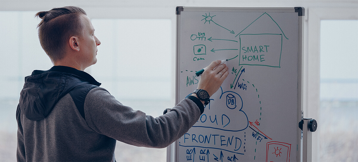 A developer draws a project map on a blackboard.