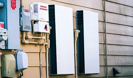 An energy storage system attached to a wall.