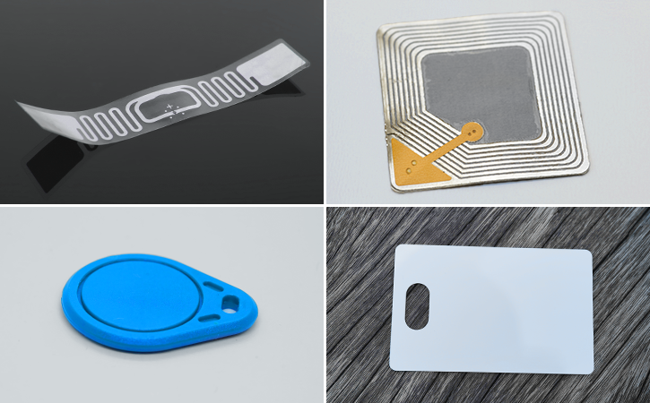 Different form factors of RFID tags: a plastic card, a key fob, a sticker, and a chip.