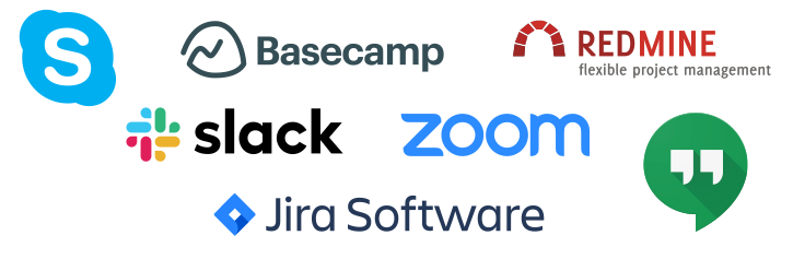 The logos of project management tools and telecommunication instruments: Skype, Basecamp, Zoom, and others.