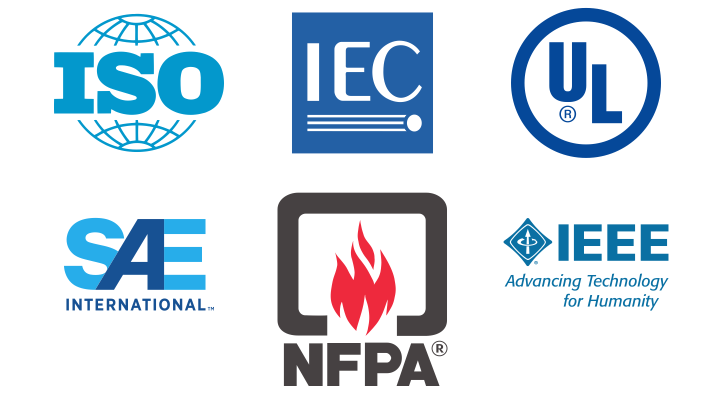 The logos of national and international standards regulating the use of BESS.