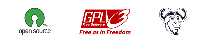 The logos of the General Public License, the GNU Project, and the Open Source Initiative.