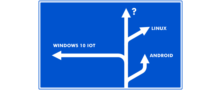 A traffic sign with multiple turn-offs as a metaphor of Windows CE migration options that include Windows 10 IoT, Linux, and Android.