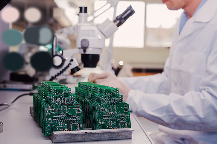 A circuit board is inspected by an expert with the help of a microscope.