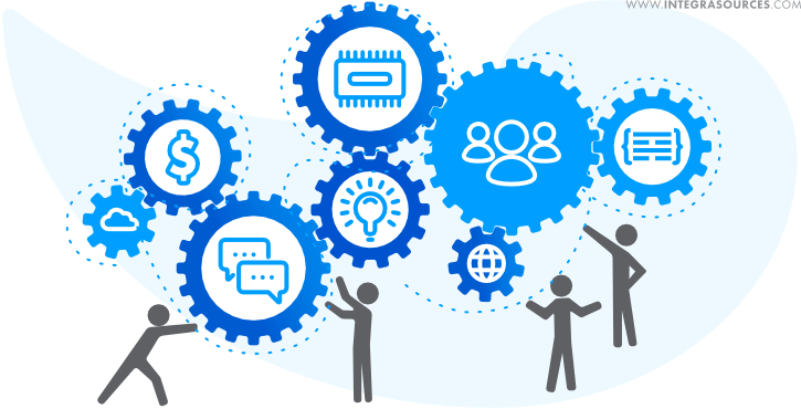 Outlined figures are holding bubbles with icons of a cloud, a dollar, a globe, etc.
